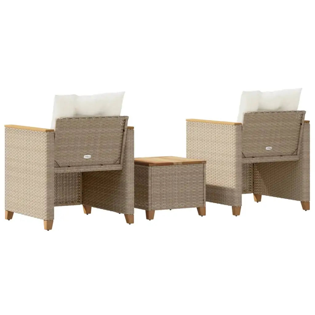 vidaXL 3 Piece Bistro Set with Cushions Beige Poly Rattan Acacia Wood - Bistro Set