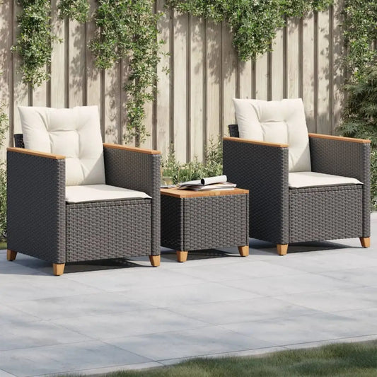 vidaXL 3 Piece Bistro Set with Cushions Black Poly Rattan Acacia Wood - Outdoor Furniture Set