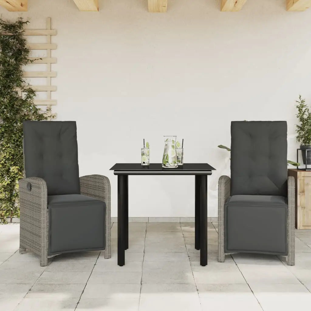 vidaXL 3 Piece Bistro Set with Cushions Gray Poly Rattan - Bistro Set