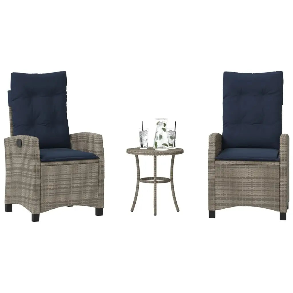 vidaXL 3 Piece Bistro Set with Cushions Gray Poly Rattan - Bistro Set
