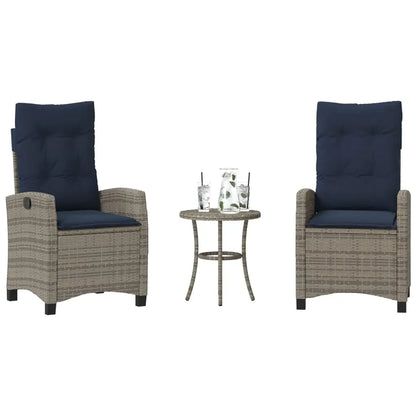 vidaXL 3 Piece Bistro Set with Cushions Gray Poly Rattan - Bistro Set