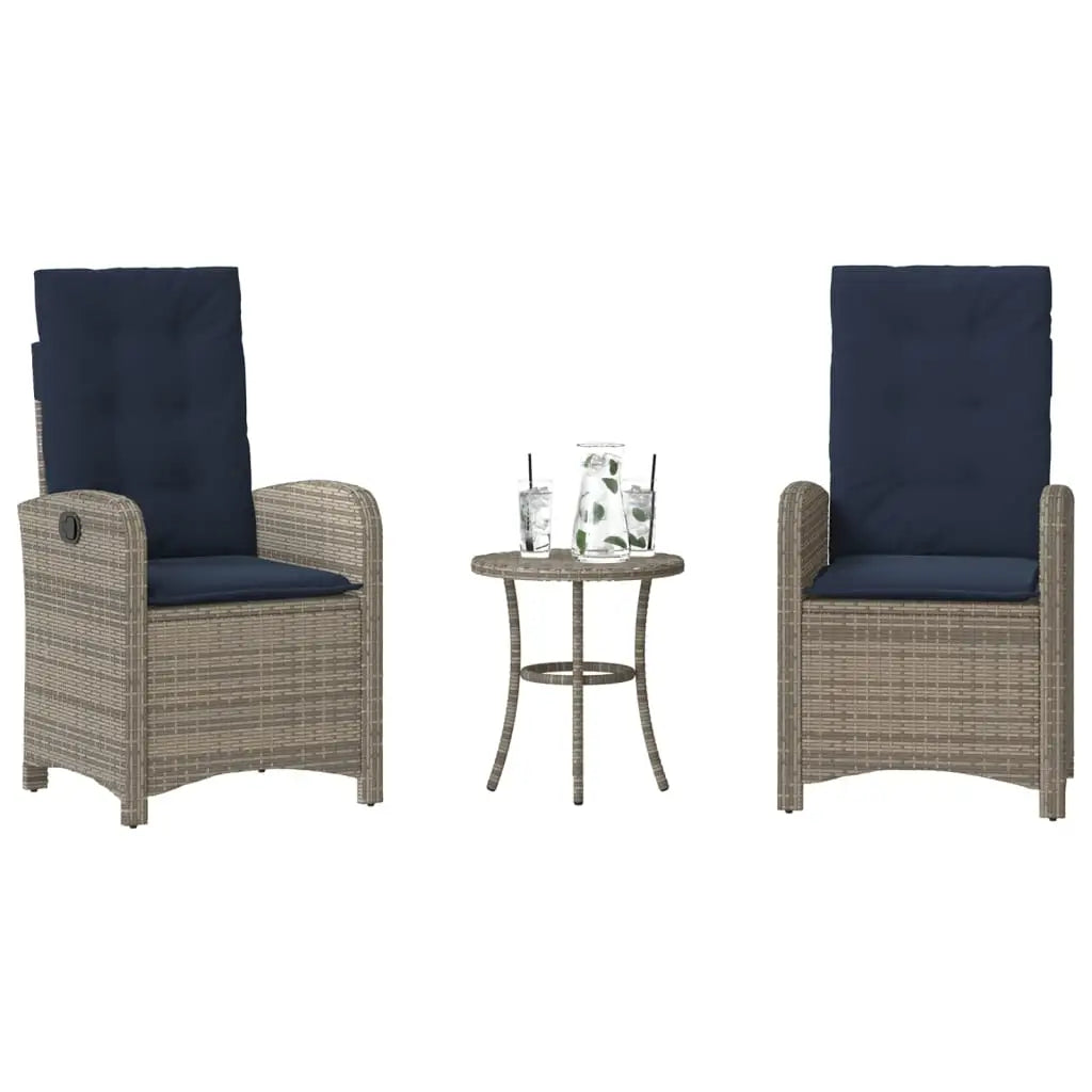 vidaXL 3 Piece Bistro Set with Cushions Gray Poly Rattan - Bistro Set