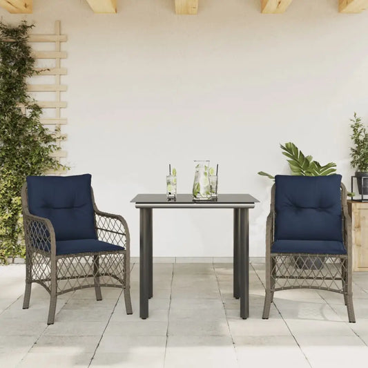 vidaXL 3 Piece Bistro Set with Cushions Gray Poly Rattan - Furniture > Outdoor Furniture > Outdoor Furniture Sets