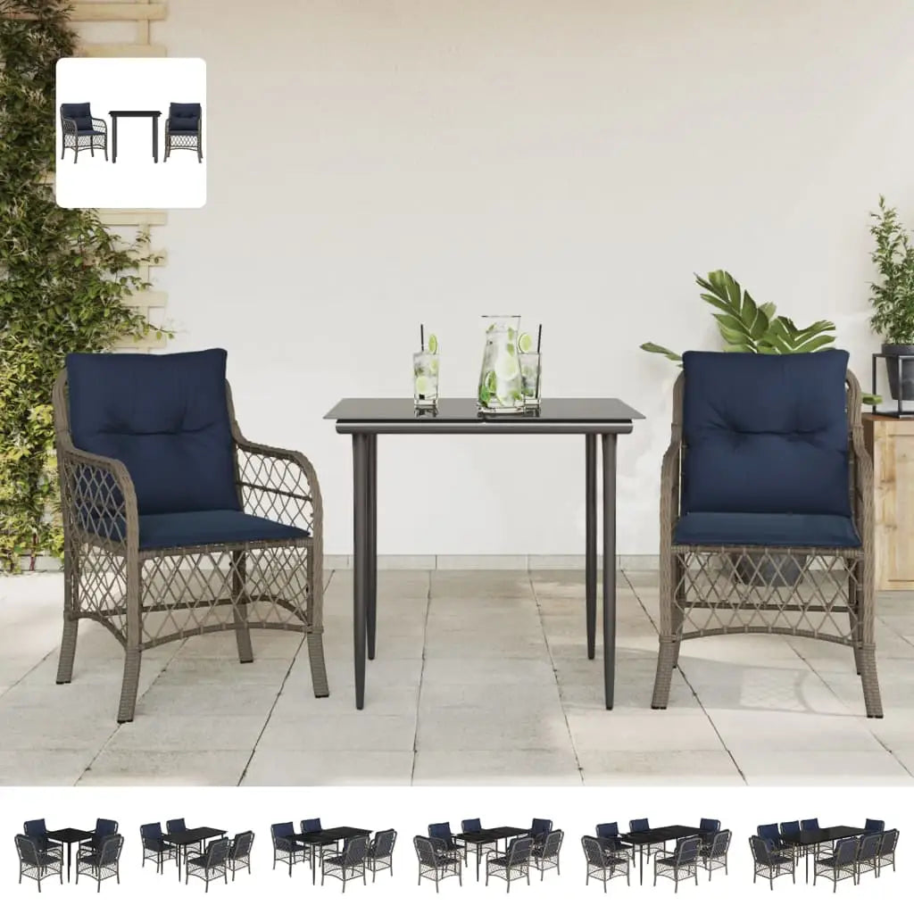 vidaXL 3 Piece Bistro Set with Cushions Gray Poly Rattan - Furniture > Outdoor Furniture > Outdoor Furniture Sets