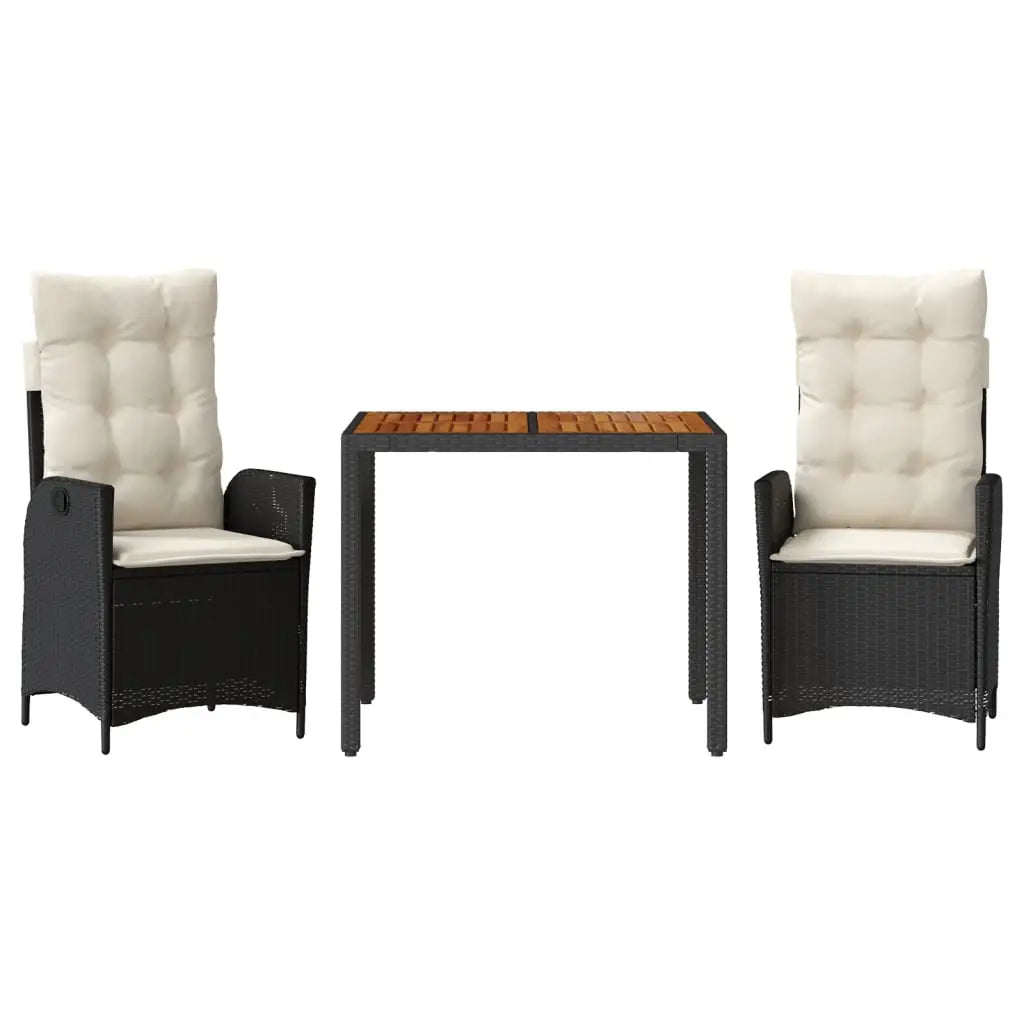 vidaXL 3 Piece Patio Dining Set with Cushions Black Poly Rattan - Dining Set