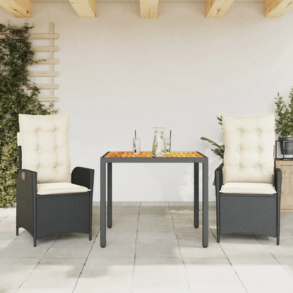 vidaXL 3 Piece Patio Dining Set with Cushions Black Poly Rattan - Dining Set