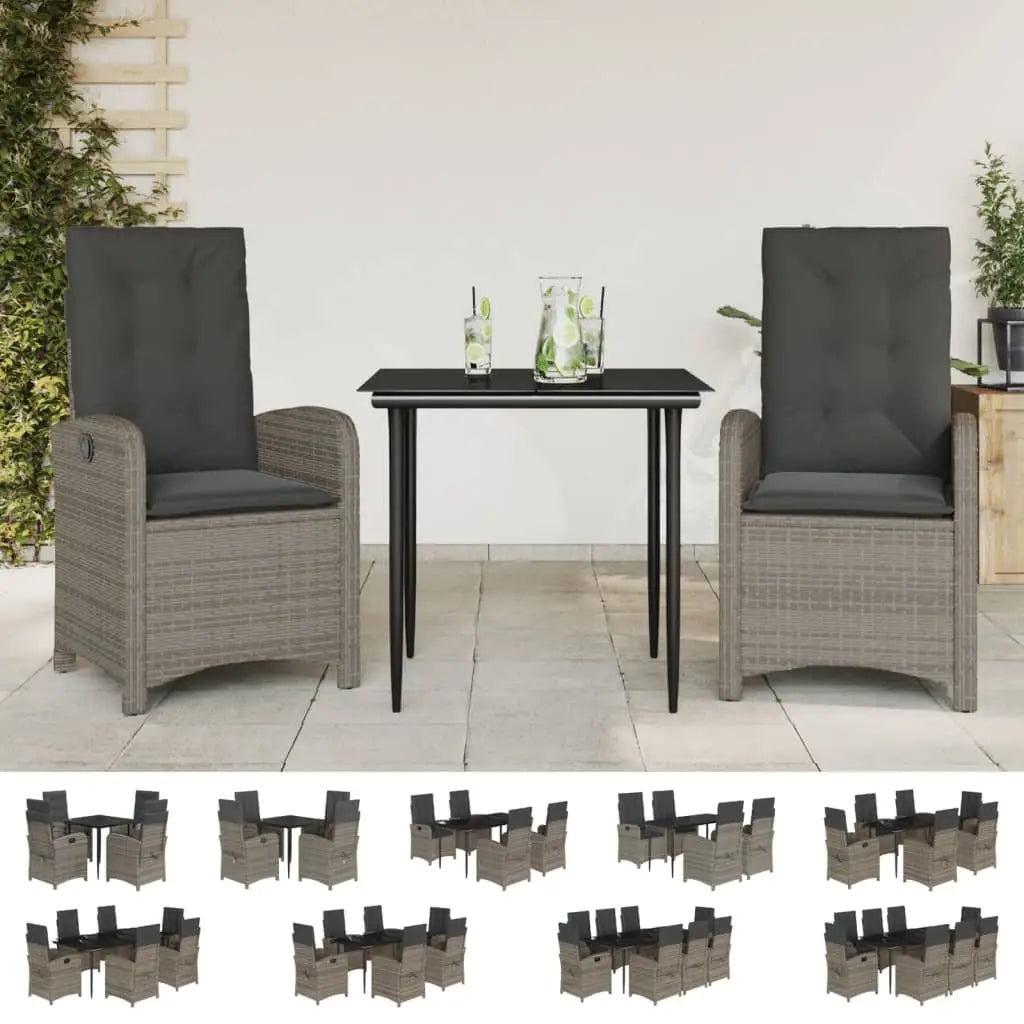 vidaXL 3 Piece Patio Dining Set with Cushions Gray Poly Rattan - Furniture > Outdoor Furniture > Outdoor Furniture Sets