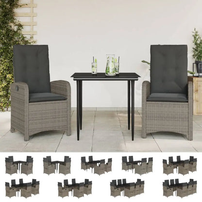 vidaXL 3 Piece Patio Dining Set with Cushions Gray Poly Rattan - Furniture > Outdoor Furniture > Outdoor Furniture Sets