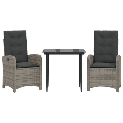 vidaXL 3 Piece Patio Dining Set with Cushions Gray Poly Rattan - Furniture > Outdoor Furniture > Outdoor Furniture Sets