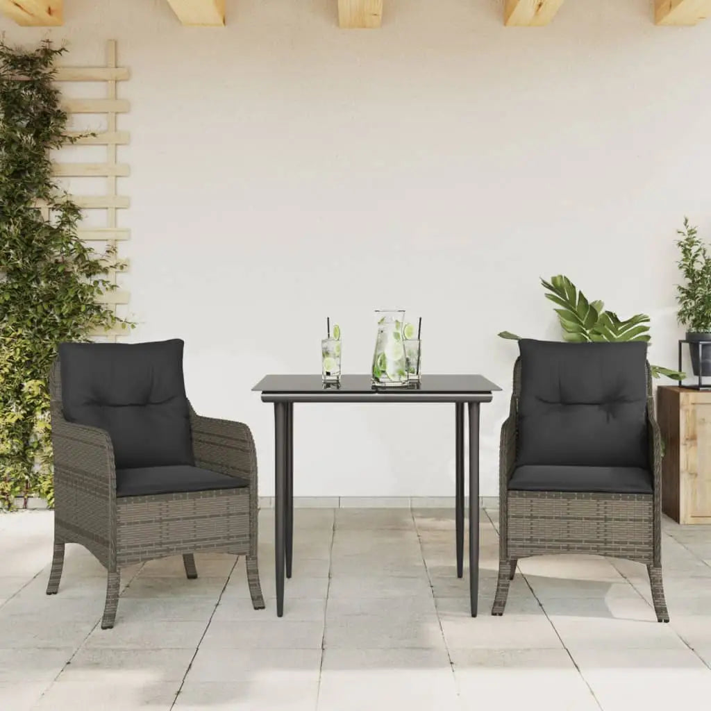 vidaXL 3 Piece Patio Dining Set with Cushions Gray Poly Rattan - Dining Set