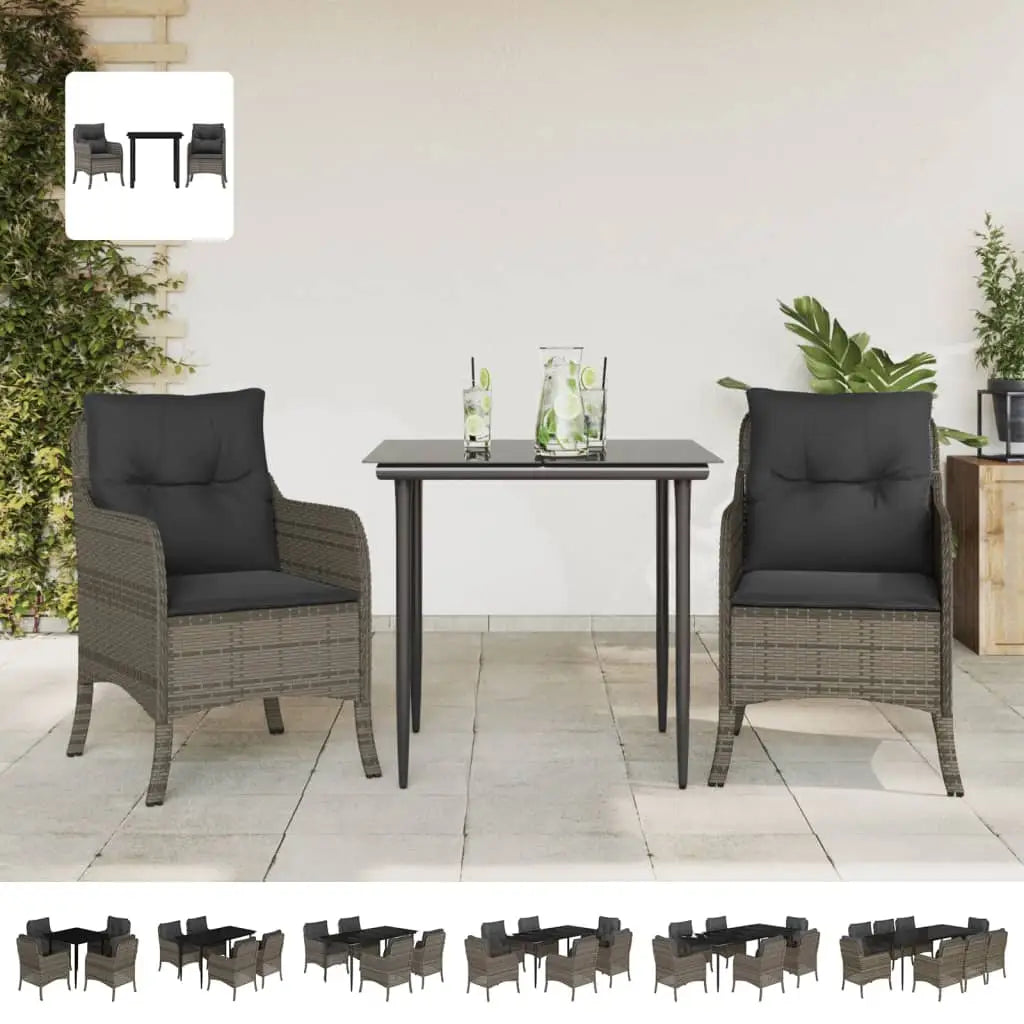 vidaXL 3 Piece Patio Dining Set with Cushions Gray Poly Rattan - Dining Set