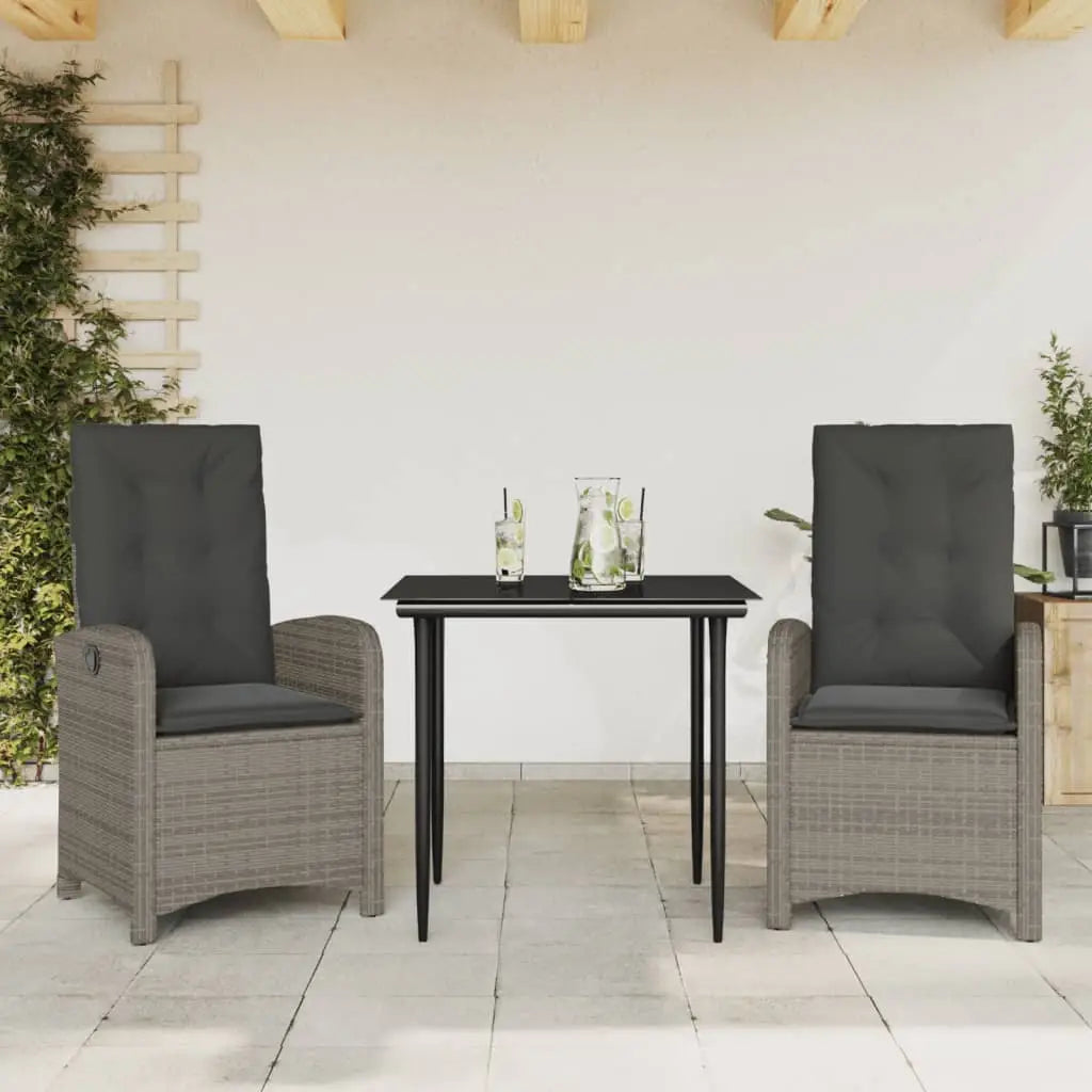 vidaXL 3 Piece Patio Dining Set with Cushions Gray Poly Rattan - Furniture > Outdoor Furniture > Outdoor Furniture Sets