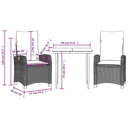vidaXL 3 Piece Patio Dining Set with Cushions Gray Poly Rattan - Dining Set