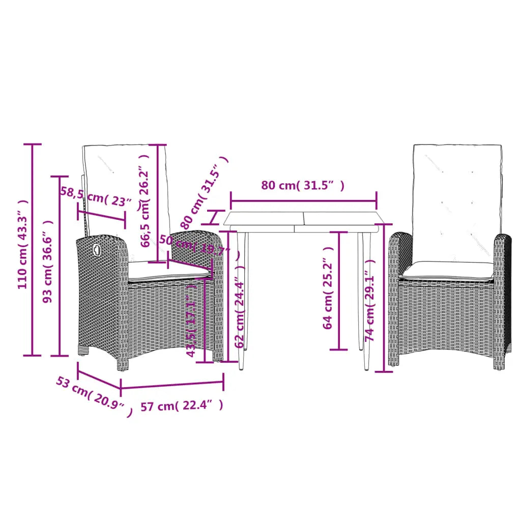 vidaXL 3 Piece Patio Dining Set with Cushions Gray Poly Rattan - Furniture > Outdoor Furniture > Outdoor Furniture Sets