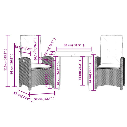 vidaXL 3 Piece Patio Dining Set with Cushions Gray Poly Rattan - Furniture > Outdoor Furniture > Outdoor Furniture Sets
