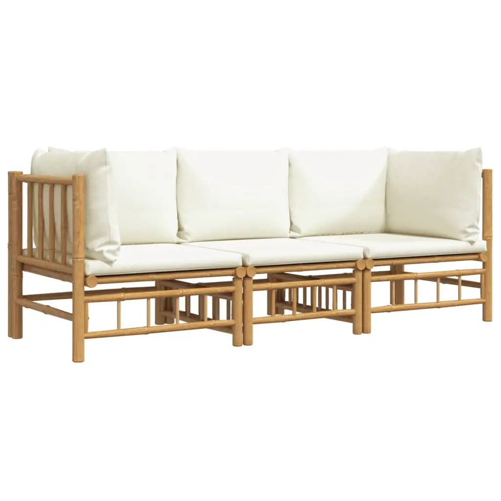 vidaXL 3 Piece Patio Lounge Set with Cream White Cushions Bamboo - Outdoor Lounge Set
