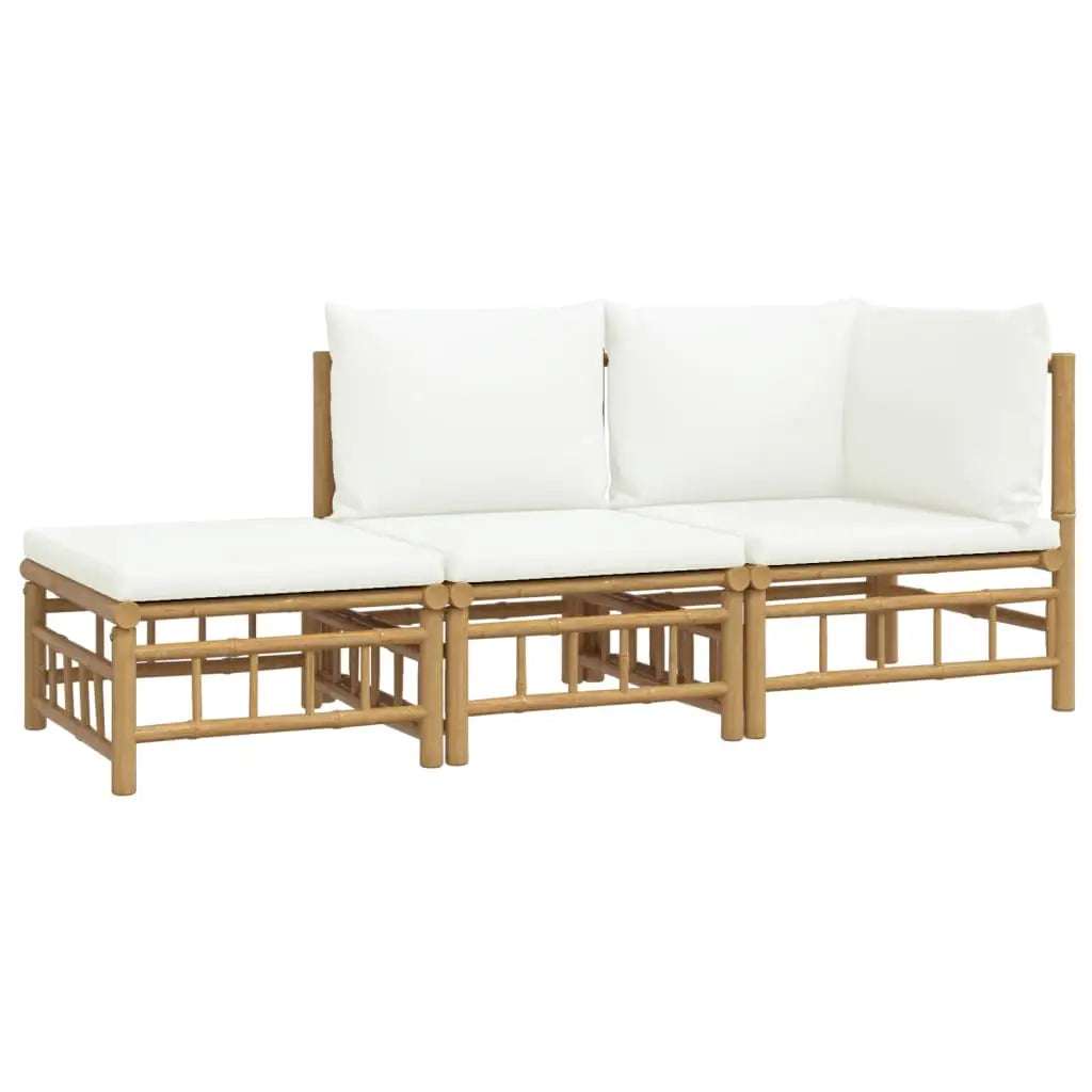 vidaXL 3 Piece Patio Lounge Set with Cream White Cushions Bamboo - Lounge Set