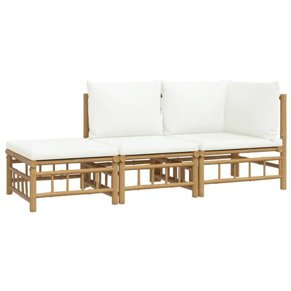 vidaXL 3 Piece Patio Lounge Set with Cream White Cushions Bamboo - Lounge Set