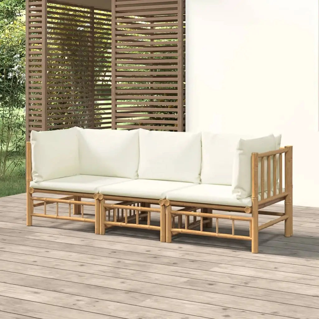 vidaXL 3 Piece Patio Lounge Set with Cream White Cushions Bamboo - Outdoor Lounge Set