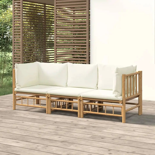 vidaXL 3 Piece Patio Lounge Set with Cream White Cushions Bamboo - Outdoor Lounge Set