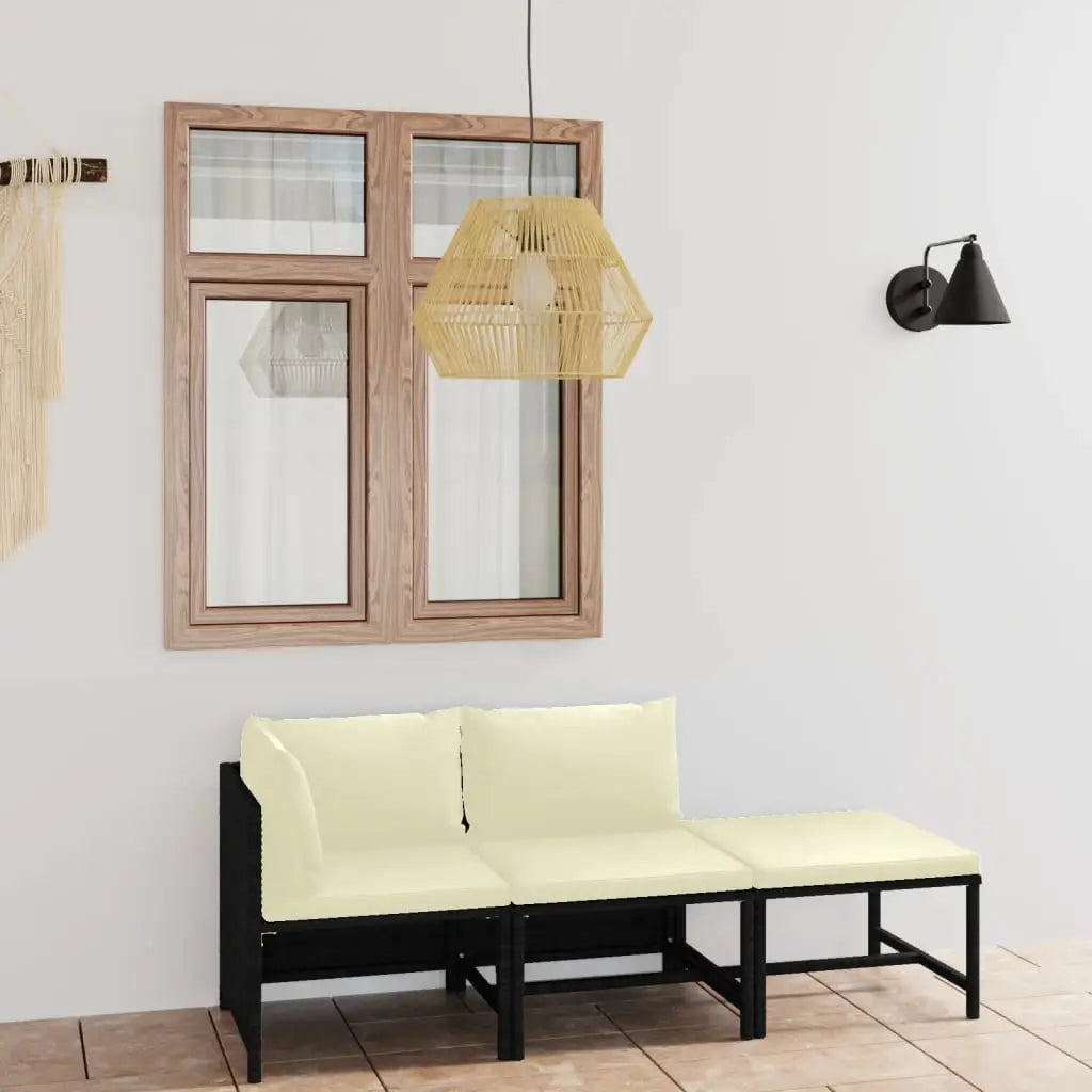 vidaXL 3 Piece Patio Lounge Set with Cushions Poly Rattan Black - Furniture > Outdoor Furniture > Outdoor Furniture Sets