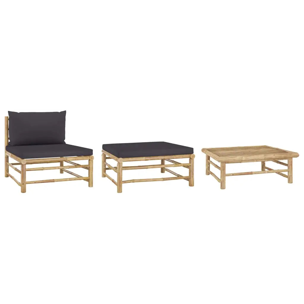 vidaXL 3 Piece Patio Lounge Set with Dark Gray Cushions Bamboo - Patio Lounge Set