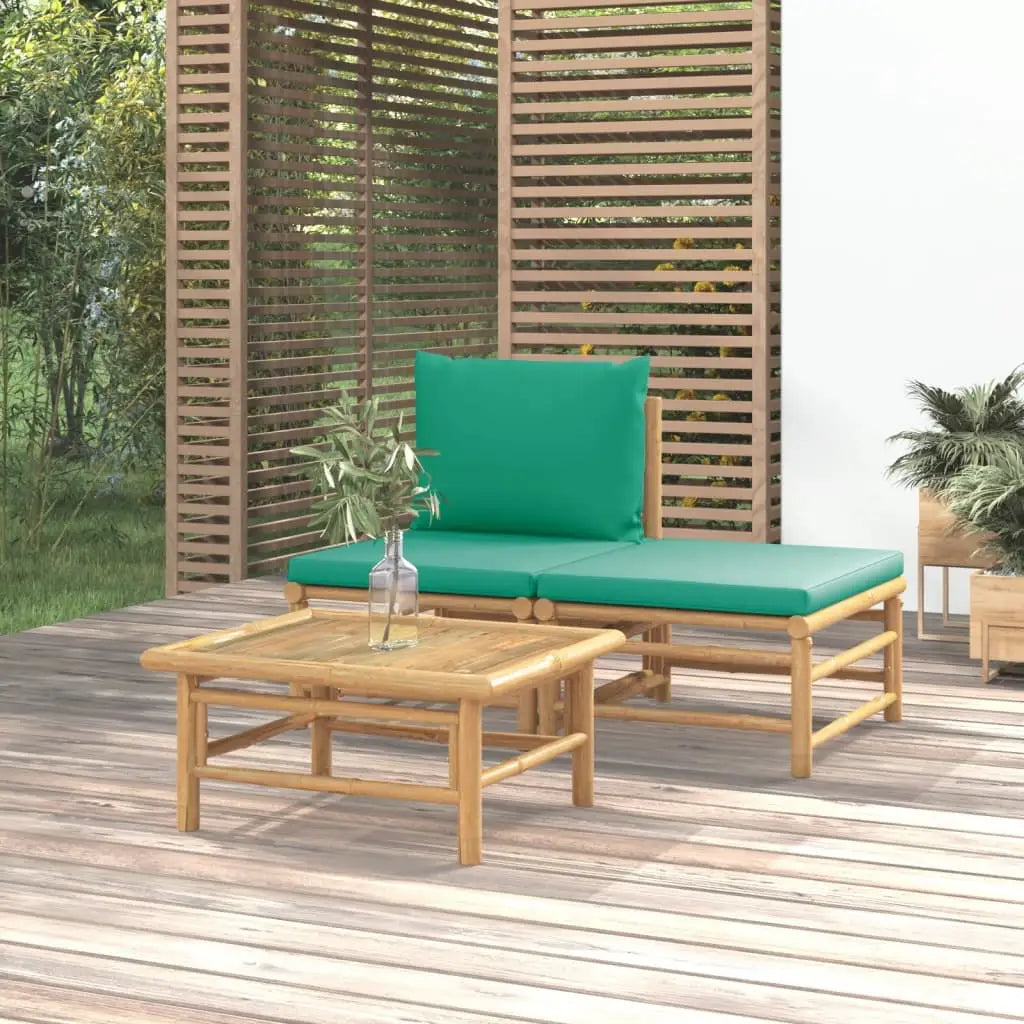 vidaXL 3 Piece Patio Lounge Set with Green Cushions Bamboo - Outdoor Lounge Set