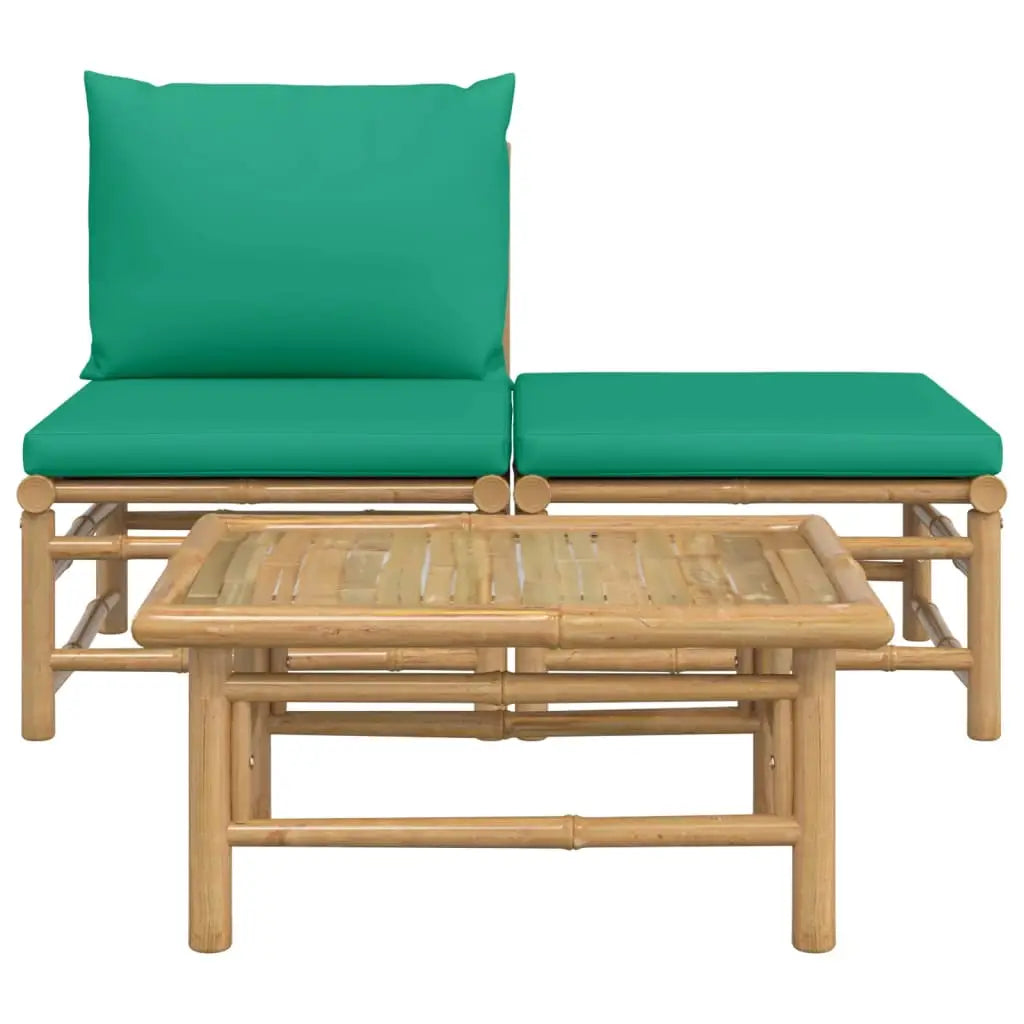 vidaXL 3 Piece Patio Lounge Set with Green Cushions Bamboo - Outdoor Lounge Set