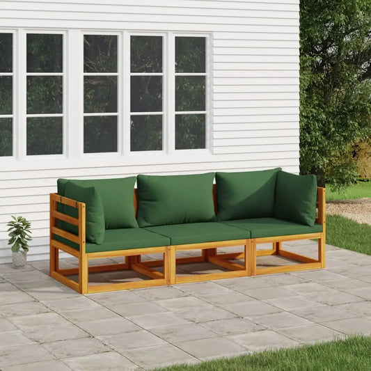 vidaXL 3 Piece Patio Lounge Set with Green Cushions Solid Wood - Lounge Set