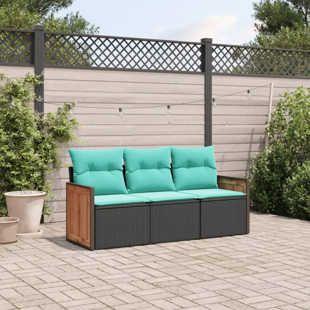 vidaXL 3 Piece Patio Sofa Set with Cushions Black Poly Rattan - Furniture > Outdoor Furniture > Outdoor Furniture Sets