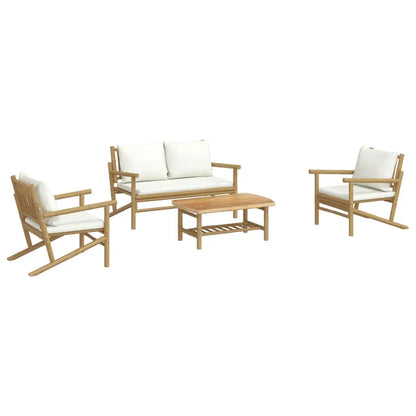 vidaXL 4 Piece Patio Lounge Set with Cream White Cushions Bamboo - Lounge Set