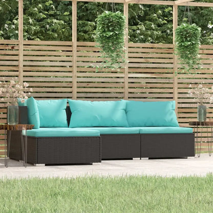 vidaXL 4 Piece Patio Lounge Set with Cushions Black Poly Rattan - Furniture > Outdoor Furniture > Outdoor Furniture Sets