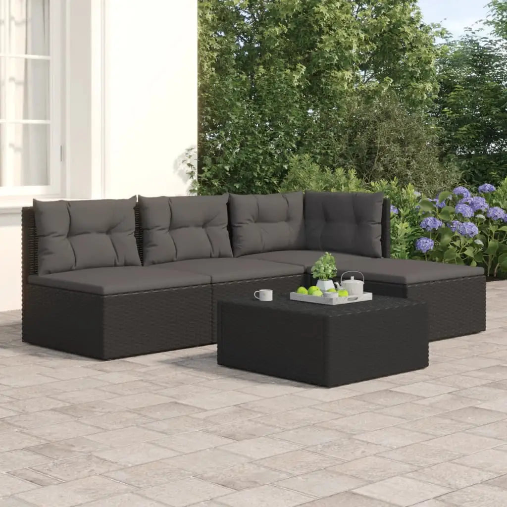 vidaXL 4 Piece Patio Lounge Set with Cushions Black Poly Rattan - Lounge Set