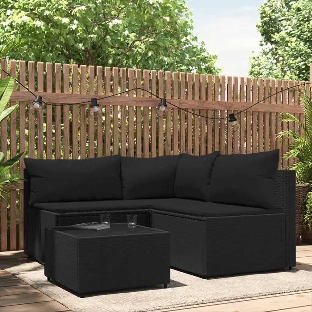 vidaXL 4 Piece Patio Lounge Set with Cushions Black Poly Rattan - Furniture > Outdoor Furniture > Outdoor Seating >