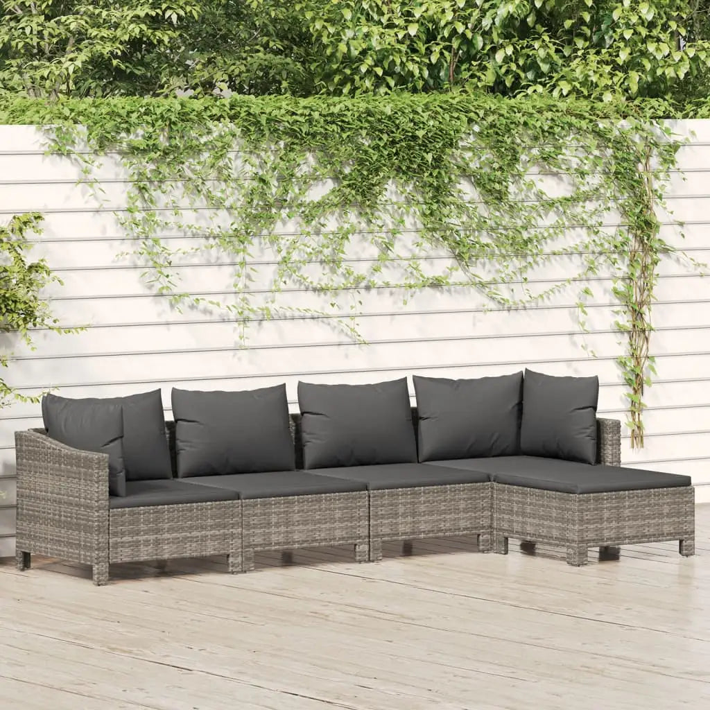 vidaXL 4 Piece Patio Lounge Set with Cushions Gray Poly Rattan - 5 piece - Outdoor Furniture Set