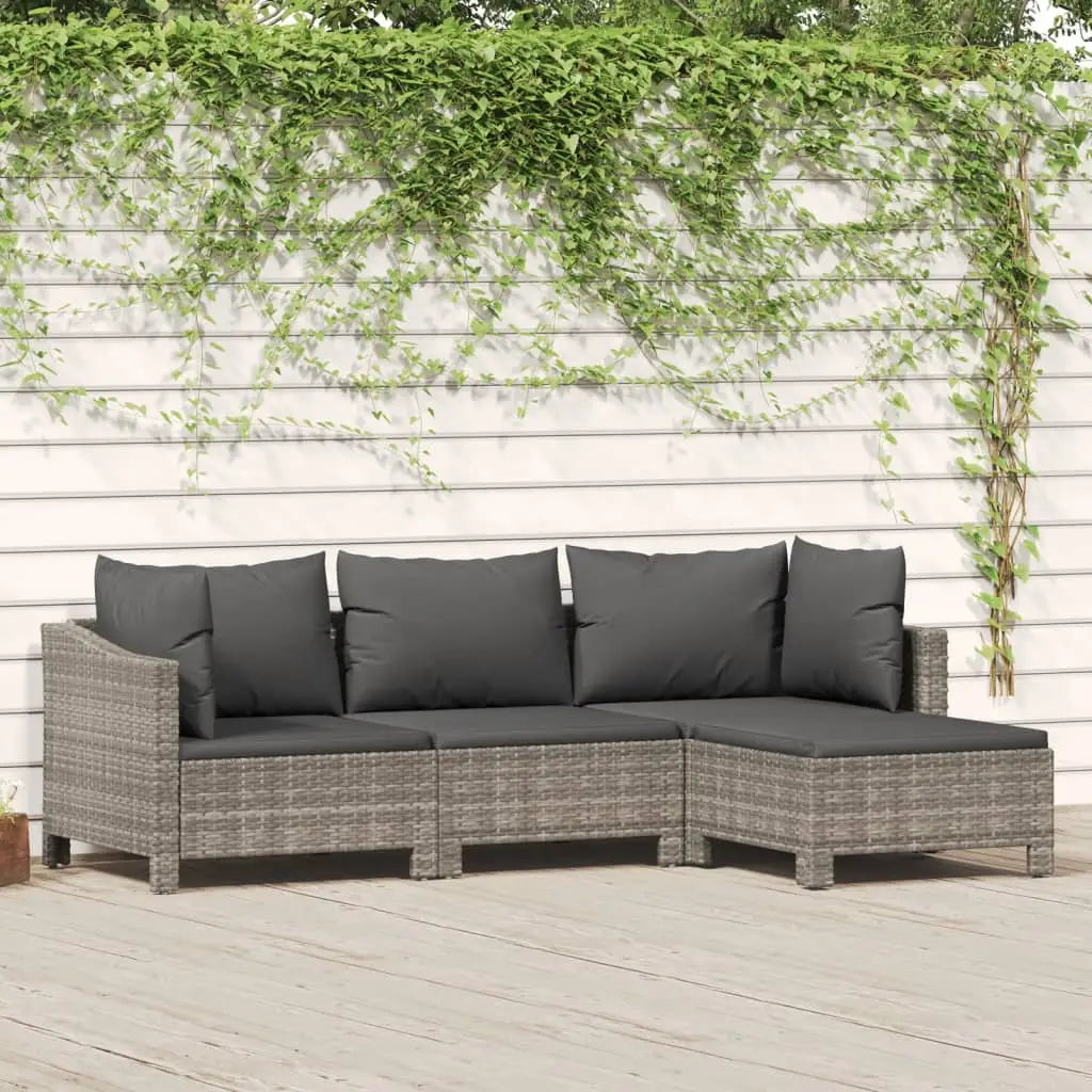 vidaXL 4 Piece Patio Lounge Set with Cushions Gray Poly Rattan - 4 piece - Outdoor Furniture Set