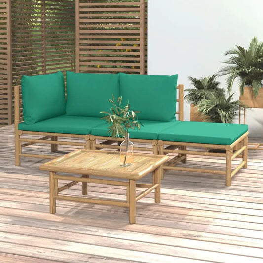 vidaXL 4 Piece Patio Lounge Set with Green Cushions Bamboo - Patio Lounge Set