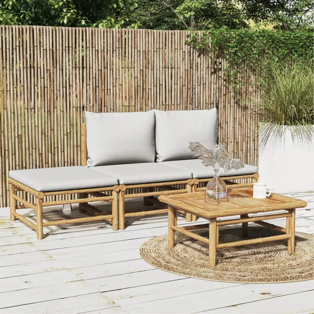 vidaXL 4 Piece Patio Lounge Set with Light Gray Cushions Bamboo - Patio Lounge Set