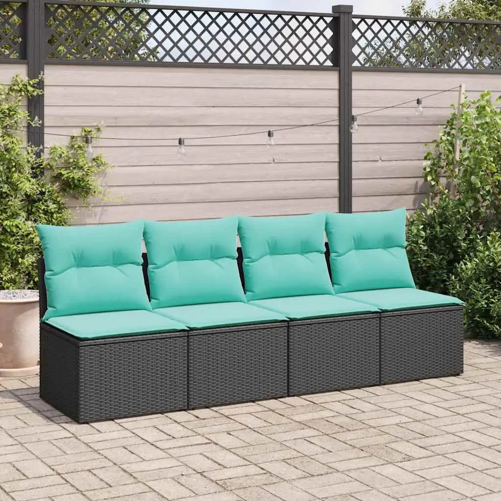 vidaXL 4 Piece Patio Sofa Set with Cushions Black Poly Rattan Acacia - Outdoor Furniture Set