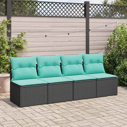vidaXL 4 Piece Patio Sofa Set with Cushions Black Poly Rattan Acacia - Outdoor Furniture Set