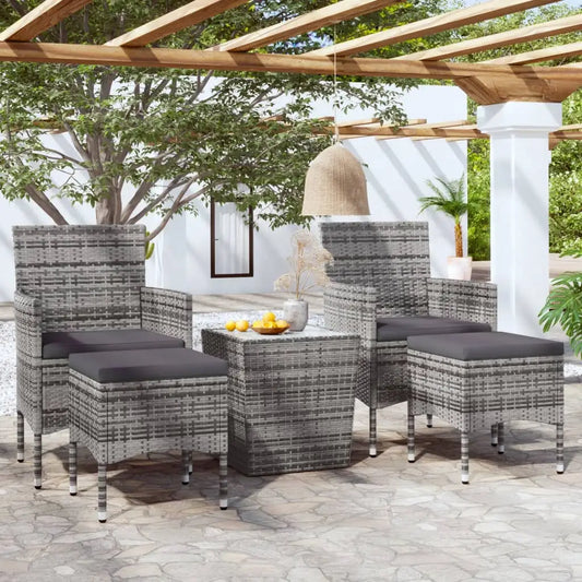 vidaXL 5 Piece Patio Bistro Set Poly Rattan and Tempered Glass Gray - Outdoor Furniture Set