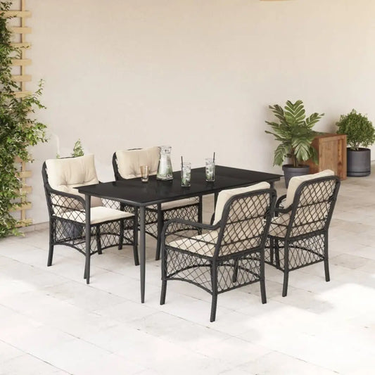 vidaXL 5 Piece Patio Dining Set with Cushions Black Poly Rattan - Dining Set