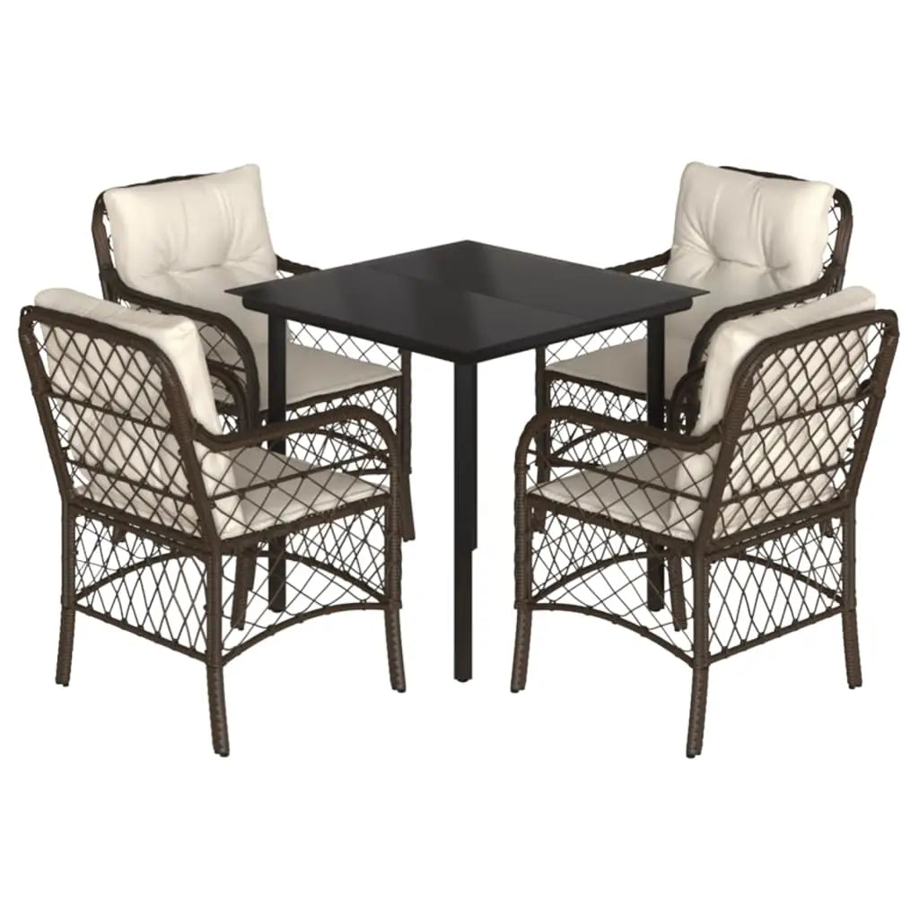 vidaXL 5 Piece Patio Dining Set with Cushions Brown Poly Rattan - Furniture > Outdoor Furniture > Outdoor Furniture Sets