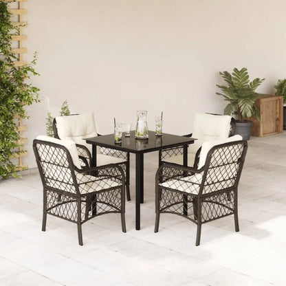 vidaXL 5 Piece Patio Dining Set with Cushions Brown Poly Rattan - Furniture > Outdoor Furniture > Outdoor Furniture Sets