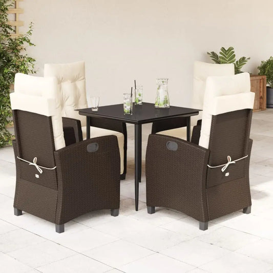 vidaXL 5 Piece Patio Dining Set with Cushions Brown Poly Rattan - Dining Set