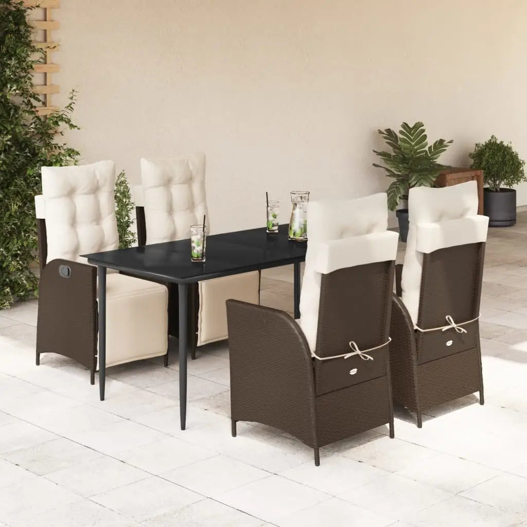 vidaXL 5 Piece Patio Dining Set with Cushions Brown Poly Rattan - Dining Set