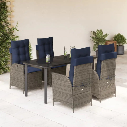 vidaXL 5 Piece Patio Dining Set with Cushions Gray Poly Rattan - Dining Set