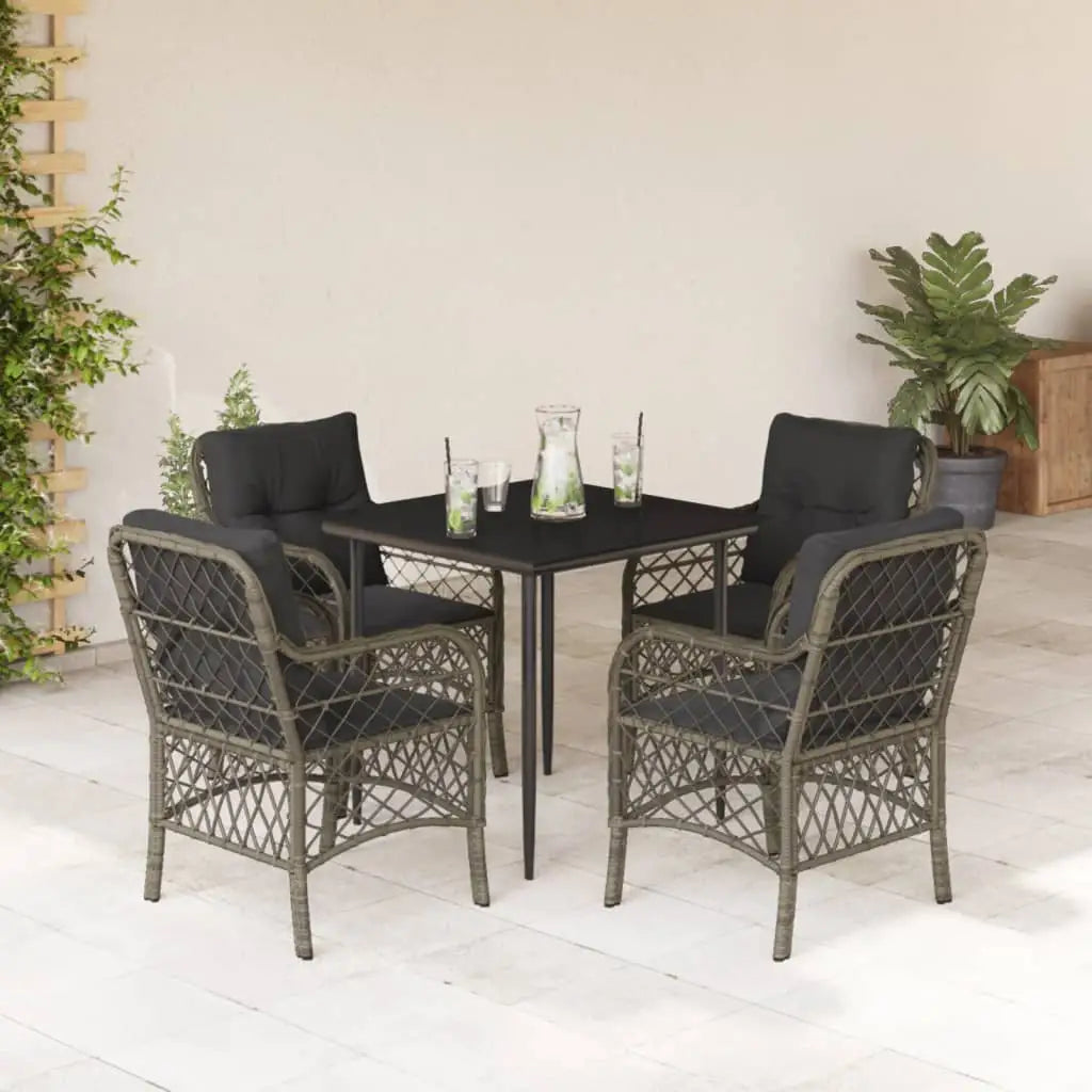 vidaXL 5 Piece Patio Dining Set with Cushions Gray Poly Rattan - Dining Set