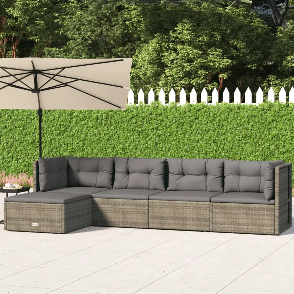 vidaXL 5 Piece Patio Lounge Set with Cushions Gray Poly Rattan - Outdoor Furniture Set