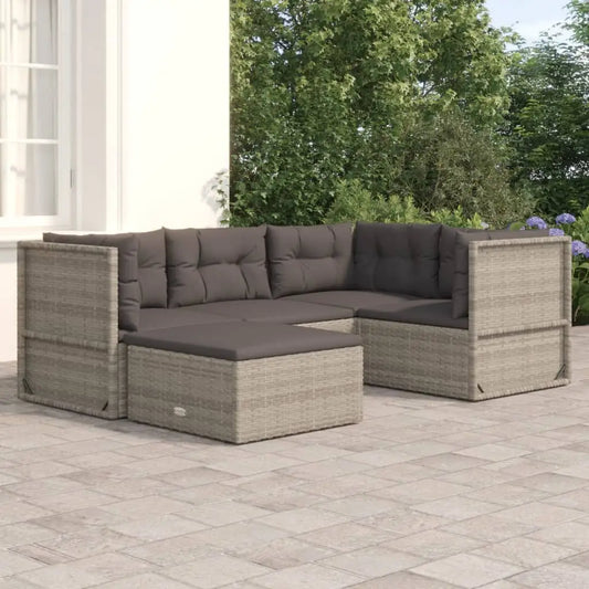 vidaXL 5 Piece Patio Lounge Set with Cushions Gray Poly Rattan - Outdoor Furniture Set
